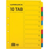 WARWICK CARDBOARD DIVIDER 10 TAB A4 COLOURED