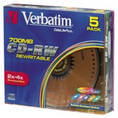 VERBATIM 43133 CDRW 700MB 4X SLIM CASE COLOURED PACK 5